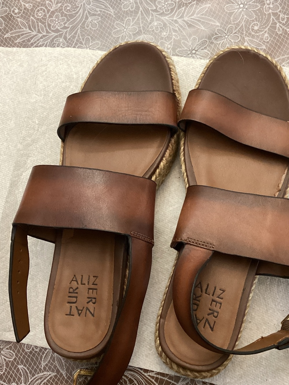 Naturalizer Tan Brown Leather Dual-Strap Slide Sandals